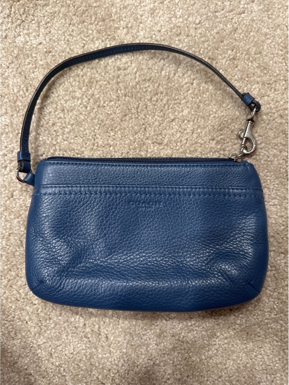 (6)Coach Pebbled Leather Wristlet in Navy Blue